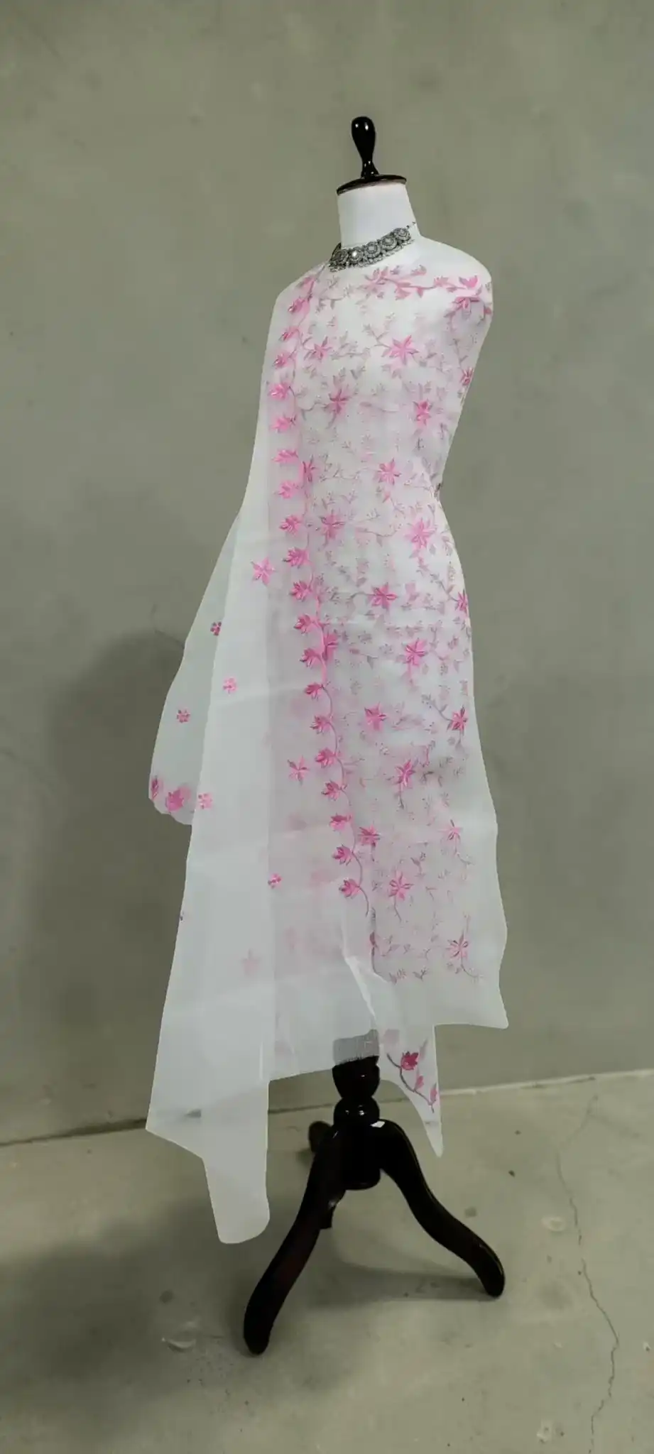 Handwoven Kota Doria Dress Material with Pink Floral Jal and Gota Patti view 2