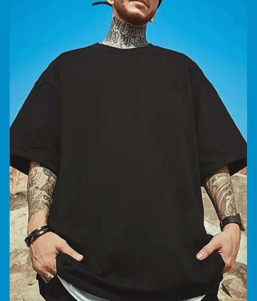 Deslizar Cotton Blend Oversized Fit Printed Half Sleeves Men's Round T-Shirt - Black ( Pack of 1 ) view 2