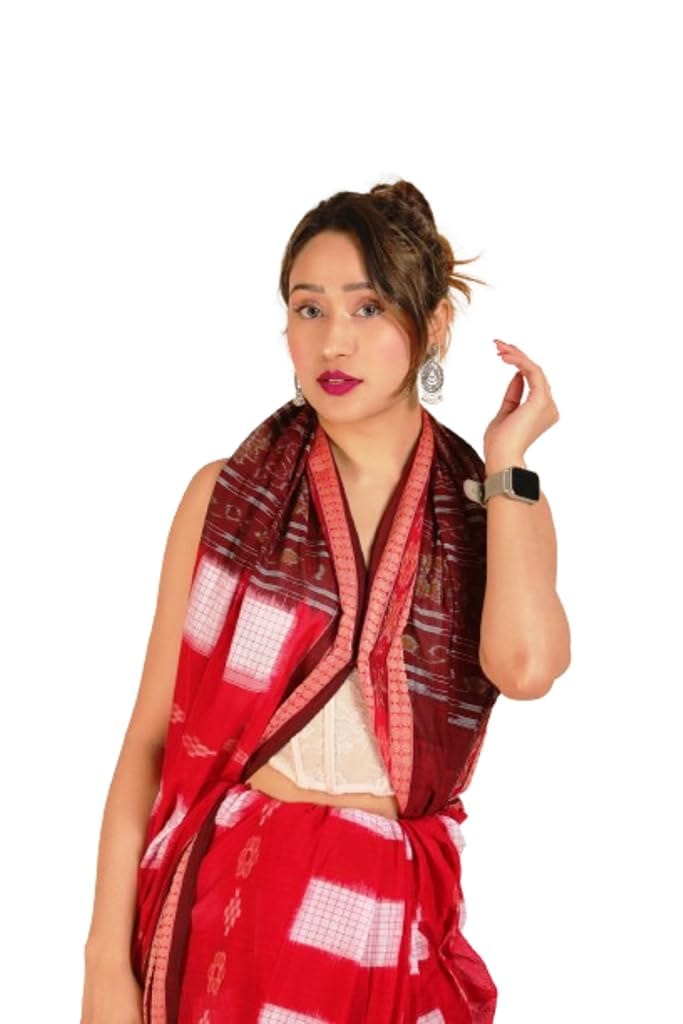 GHL Guendicha haat Sambalpuri Handloom Certified Pure Cotton Athakutha Design Saree With Blouse Piece (Red, 6.30 Mtr) view 2