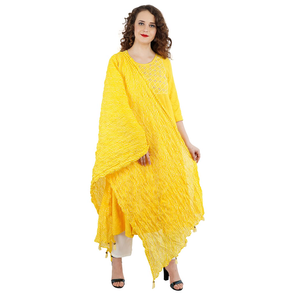 Yellow Cotton Kantha Kurti Pant Dupatta 3 Piece Set view 2