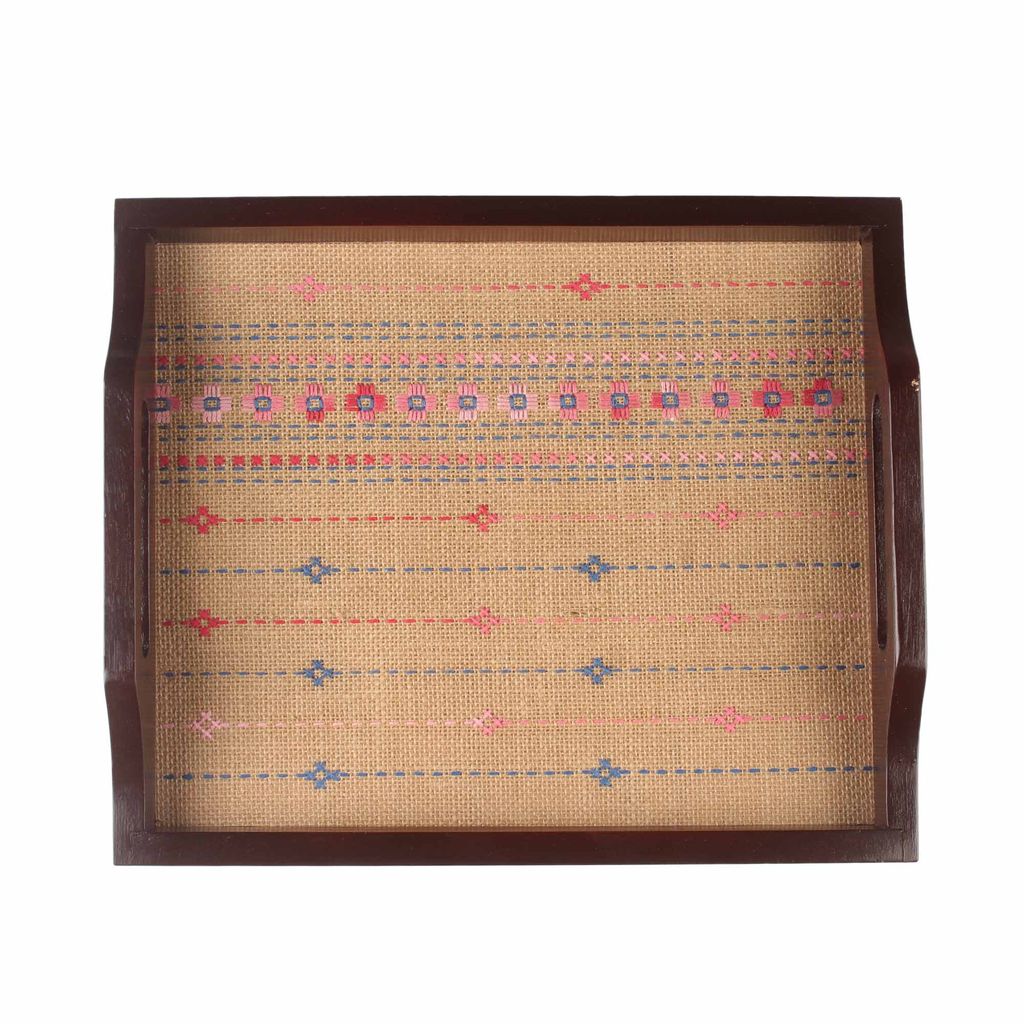 Tribes India Handmade Brown Jute Wooden Tray view 2