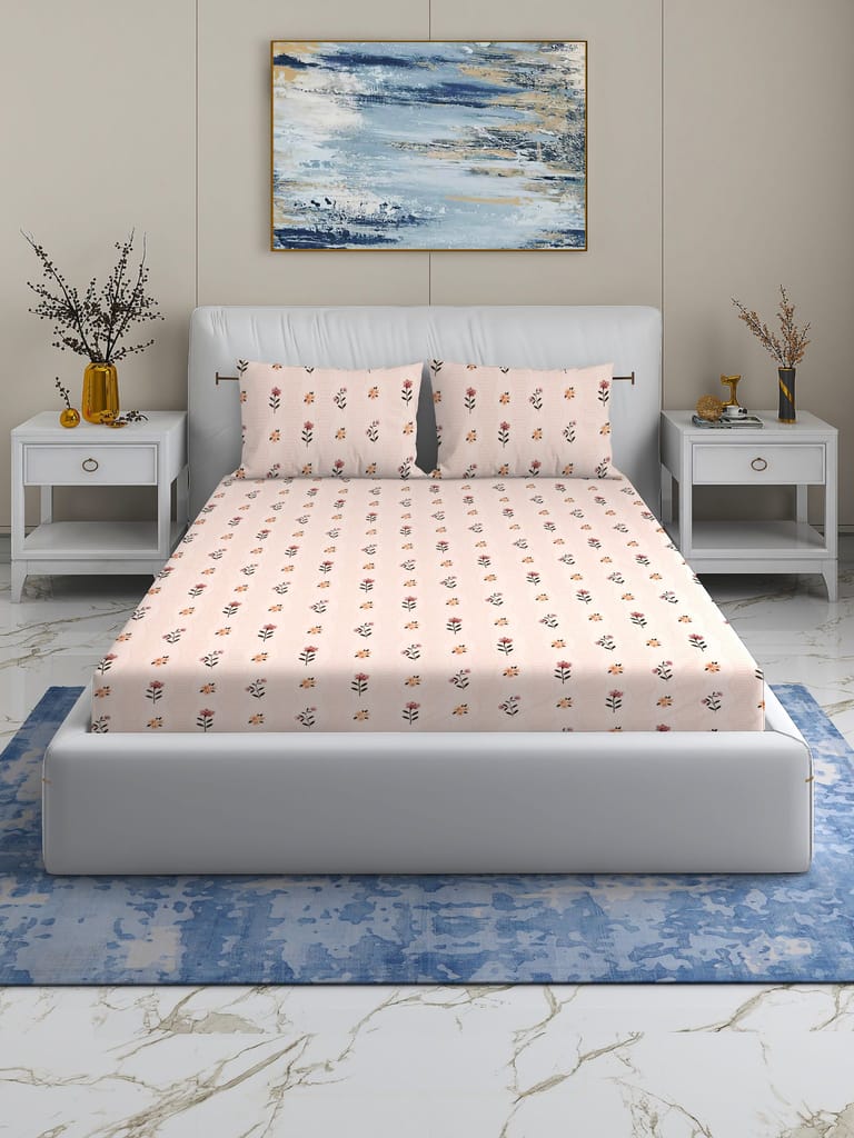 Quirky Home Rome Collection Premium Cotton Blend 180 TC Fitted Double Wrinklefree Bedsheet with 2 Pillow Covers, Beige Flower