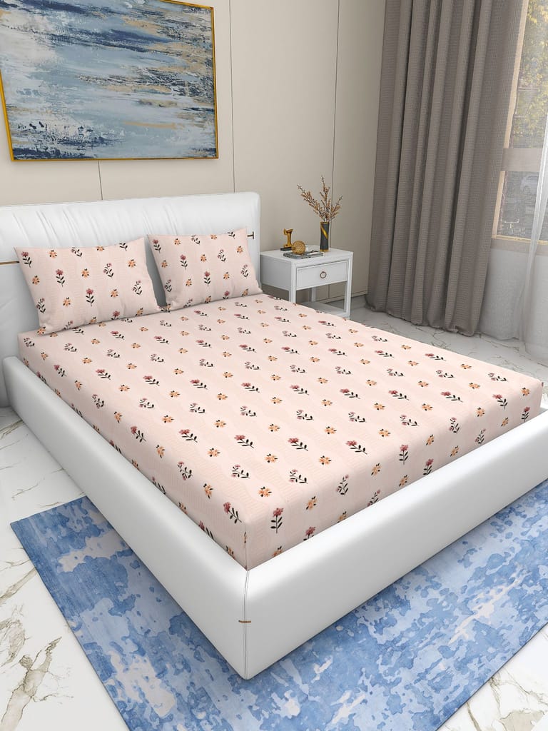 Quirky Home Rome Collection Premium Cotton Blend 180 TC Fitted Double Wrinklefree Bedsheet with 2 Pillow Covers, Beige Flower view 2