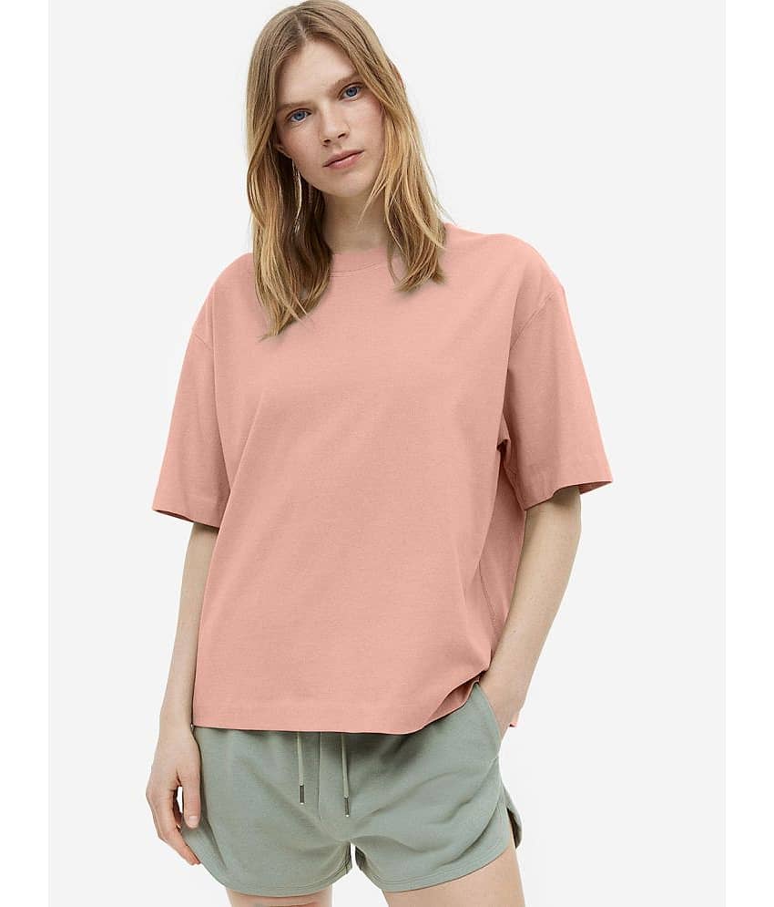 Faltu.co Women Cotton Solid Oversized Fit Round Neck T-Shirt ( Peach )