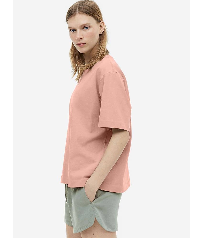 Faltu.co Women Cotton Solid Oversized Fit Round Neck T-Shirt ( Peach ) view 2