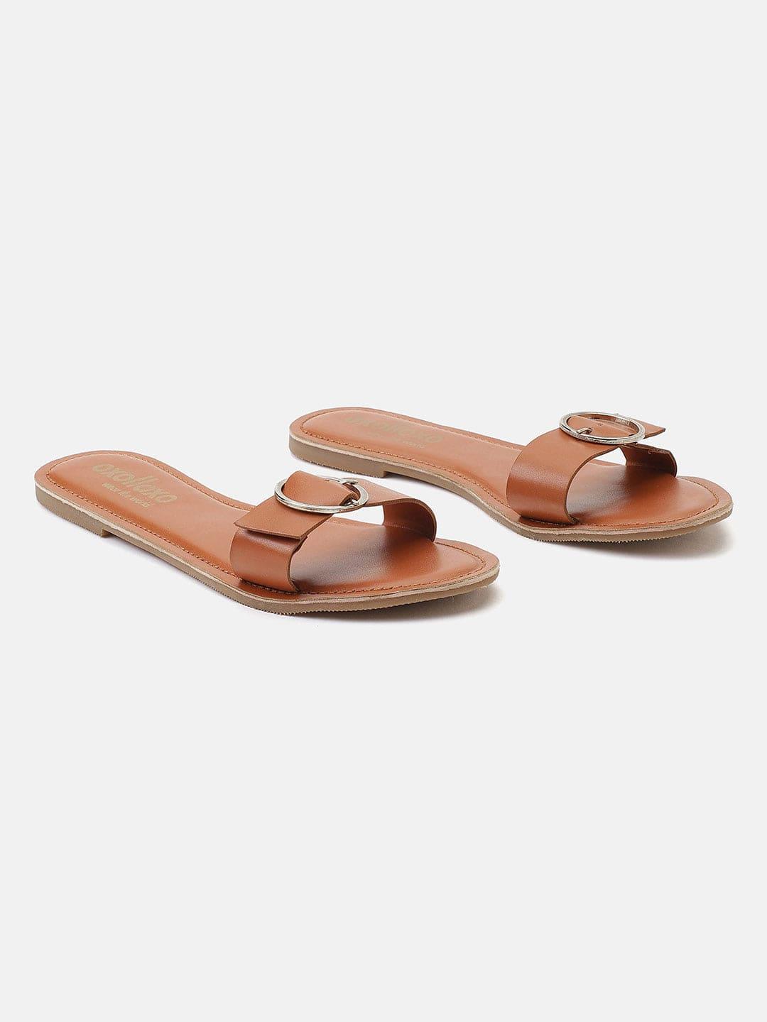 Brown Tanned Buckled Open Back Flat Sandal For Women view 2