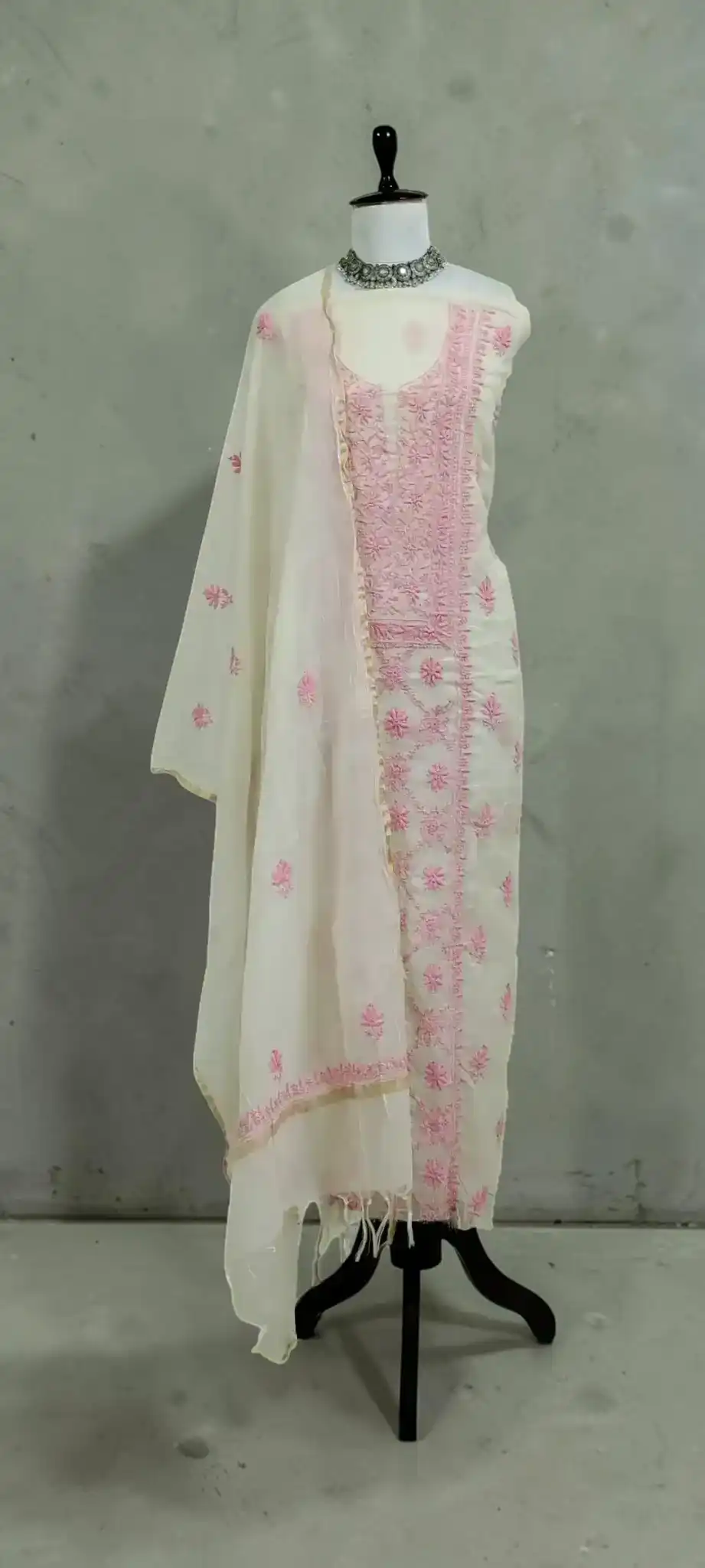 White Mul Cotton Chikankari Dress Material with Hand Embroidered Dupatta