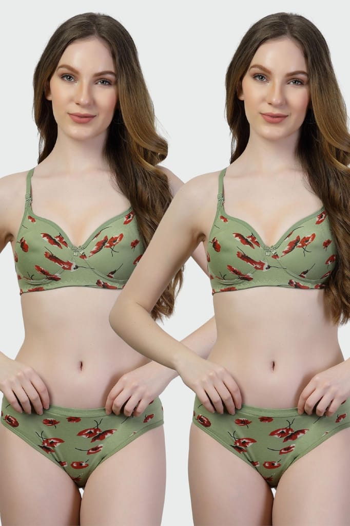 Pack of 2 Floral Print Cotton Bra Panty Set | Women�s Padded Lingerie view 2