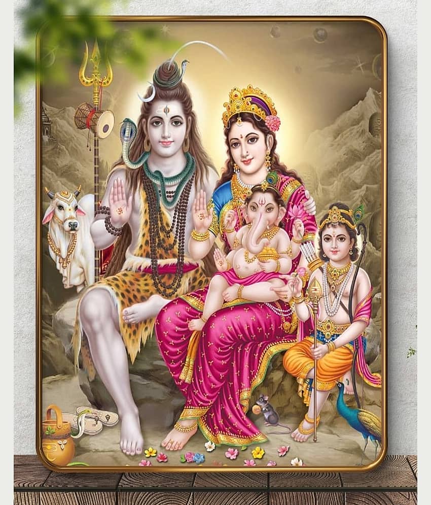 SAF Shiv Parivar Wall Painting | Lord Shiva Parvati Ganesh Kartikeya with Nandi | Golden Frame Sparkle Laminated MDF Poster for Home Temple Pooja Room | Hindu God Family Decorative Art view 2