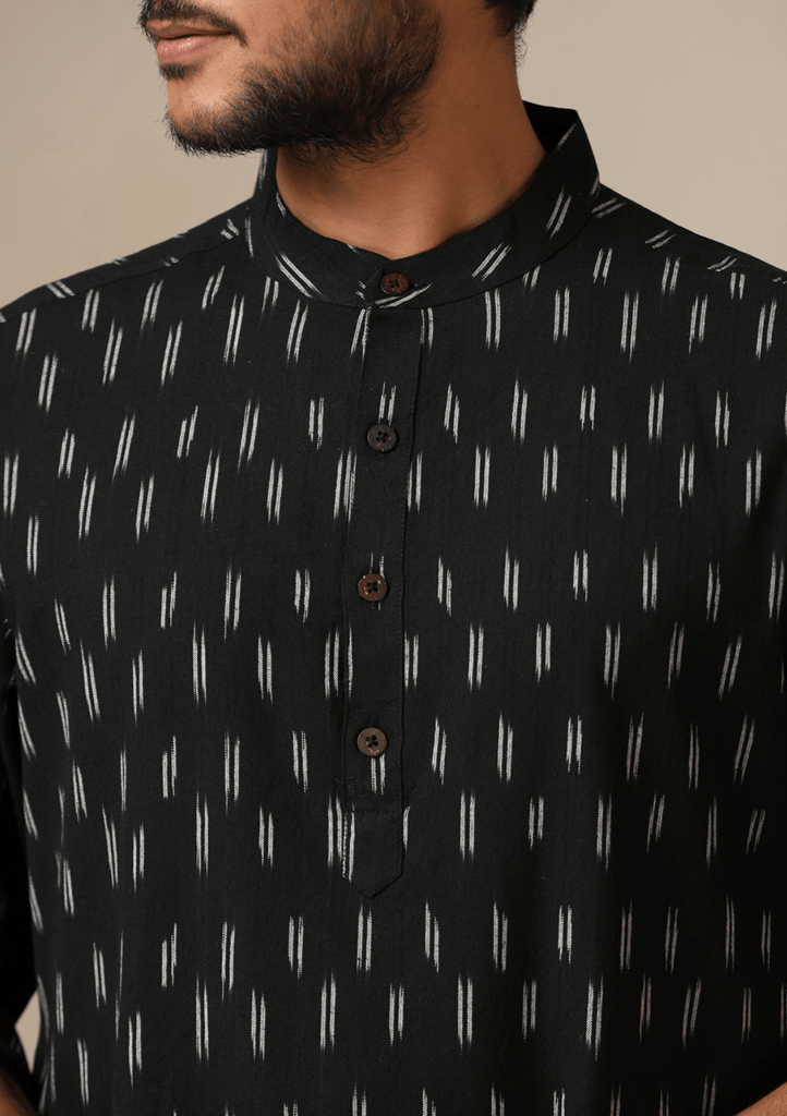 HOC Crafts Ikkat Cotton Solid Men's Short Kurta - Black view 2