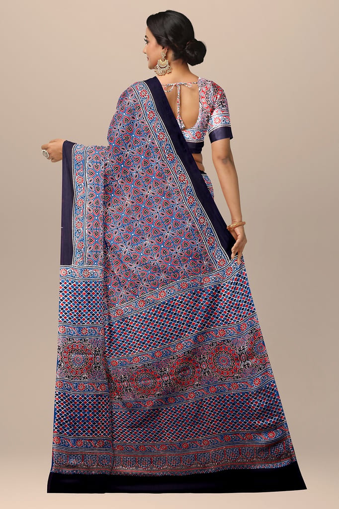 Black Ajrakh Hand Block Printed Modal Silk Saree with Floral and Geometrical Print SKU-BS10147 view 2