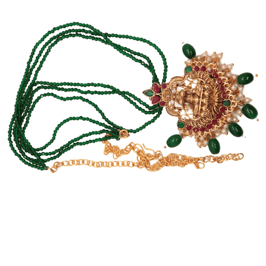 Gold-plated traditional Indian temple pendant necklace set with green beads and pearls view 2