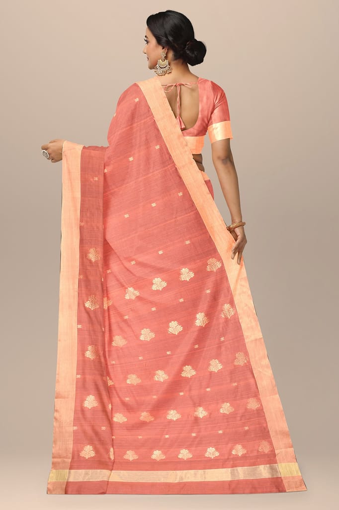 Peach Color Handwoven Traditional Floral Buta Chanderi With Golden Zari Border SKU - BS10143 view 2