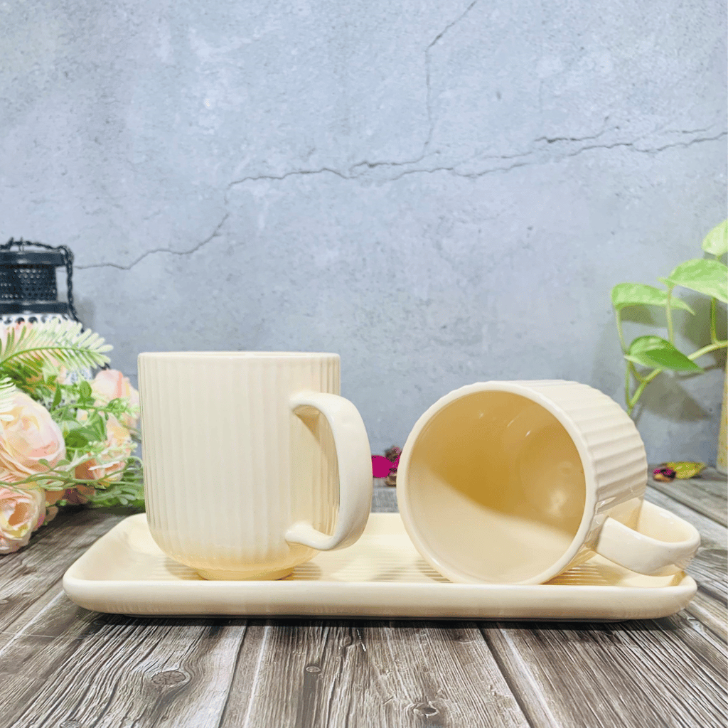 Homefrills Premium Stoneware Handmade Striped Design Ceramic Tea Cups & Milk/Coffee Mugs Along with Tray Microwave Dishwasher Safe - Pack of 3 (2 Cups and 1 Tray) Ivory, 300ml view 2