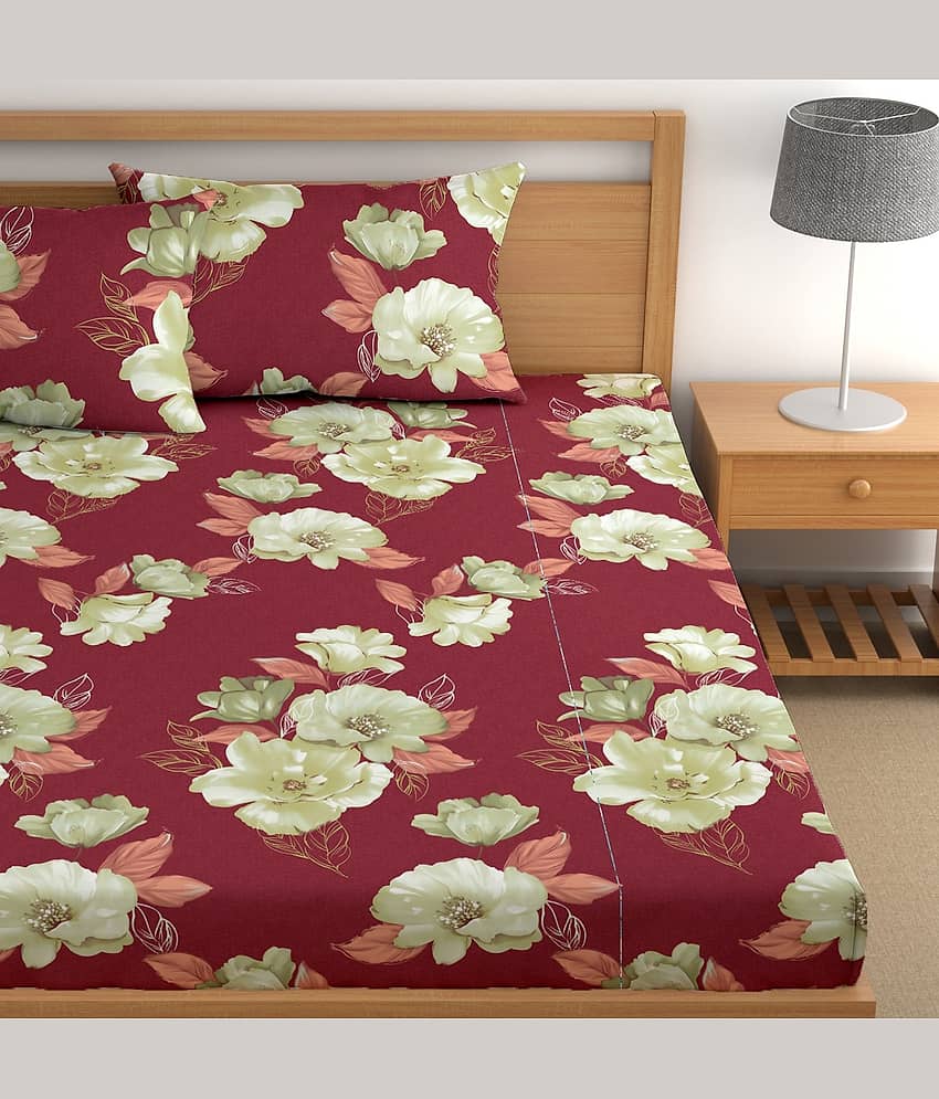 CG HOMES Poly Cotton Floral Fitted 1 Bedsheet with 2 Pillow Covers ( Double Bed ) - Red view 2