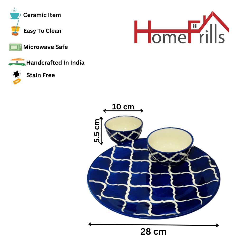 Homefrills Stoneware Blue Moroccan Hand-Painted Full Size Ceramic Dinner Plate/ Thali with 2 Katoris/ Ceramic Bowl(3 Pieces set, Serving for 1,Dishwasher Safe,Microwave Safe)Colour- Blue view 2