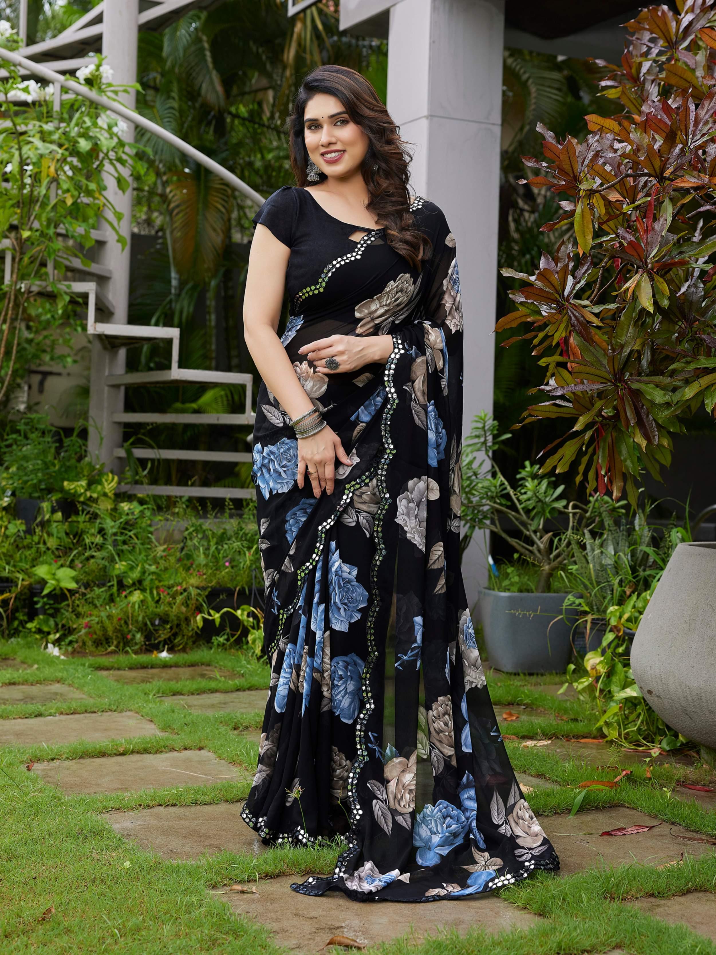 Floral Printed Georgette With Mirror Work Border