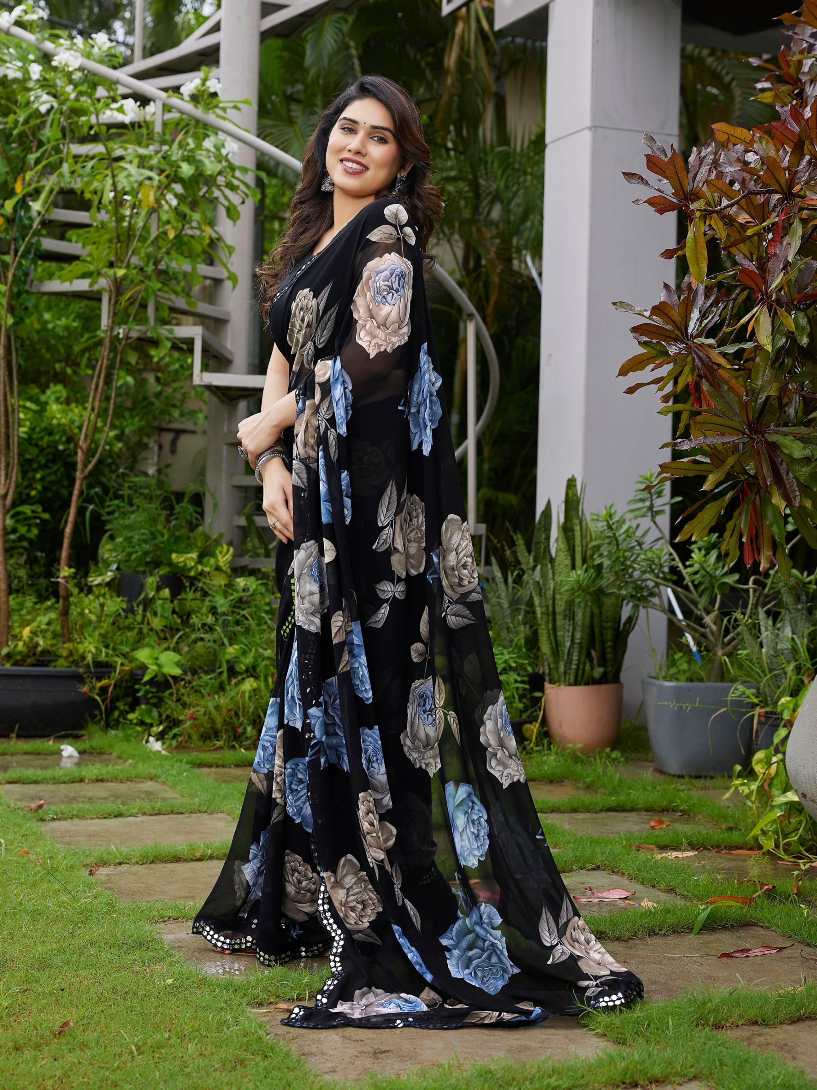 Floral Printed Georgette With Mirror Work Border view 2