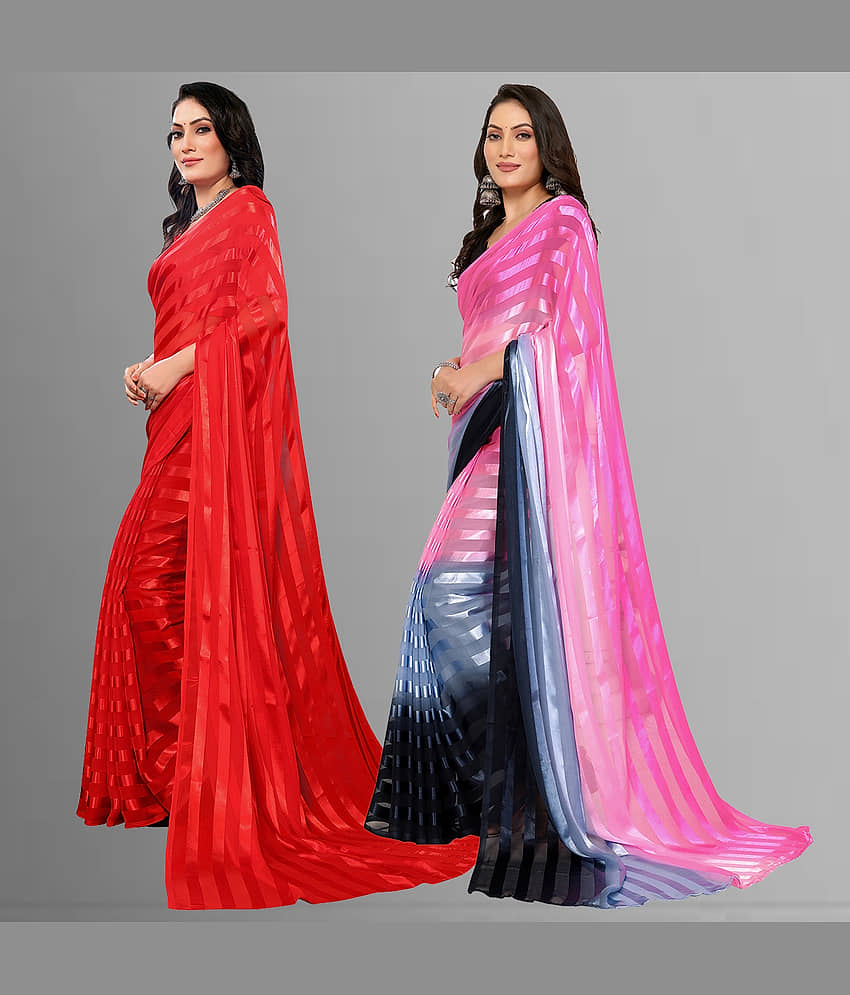 ANAND SAREES Satin Striped Saree With Unstitched Blouse Piece ( Multicolor ) view 2