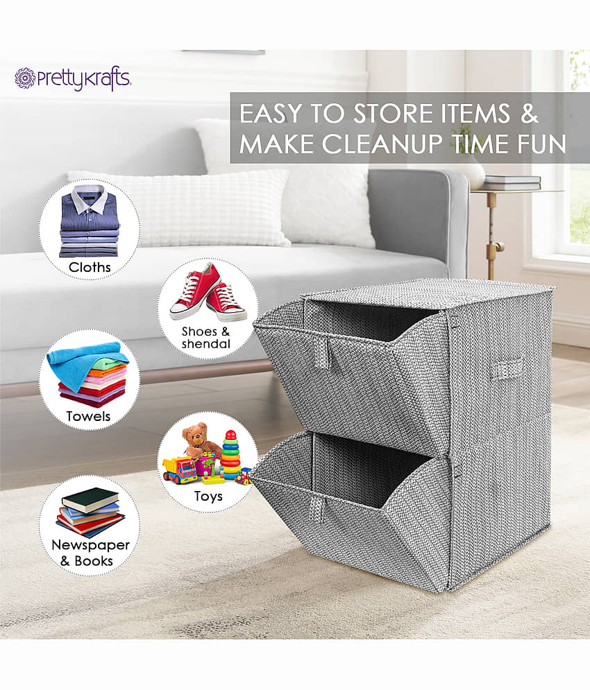 PrettyKrafts 2 Tiers Collapsible Storage Organizer, Fabric Cube Bins, Pull-Down Doors with 2 Carrying Handles for Closet, Home, Office, Free Standing,(Pack of 2) view 2