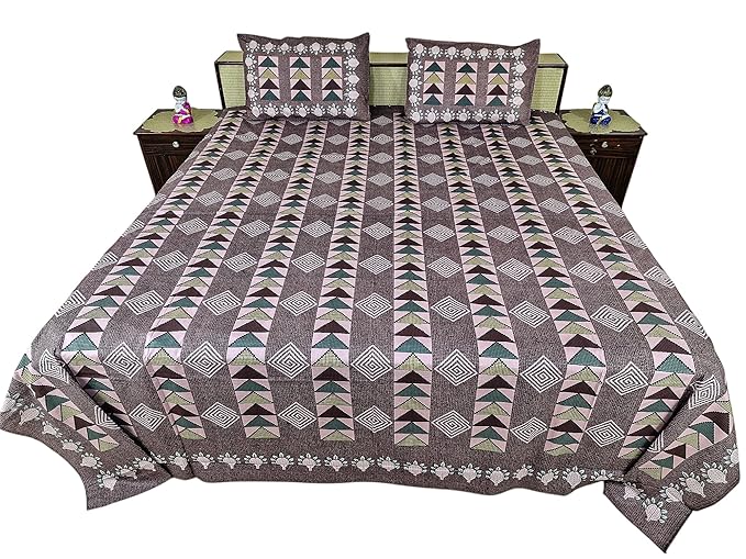 Geometric Pattern Double Bedsheet Set with 2 Pillow Covers, Traditional Jaipuri Design