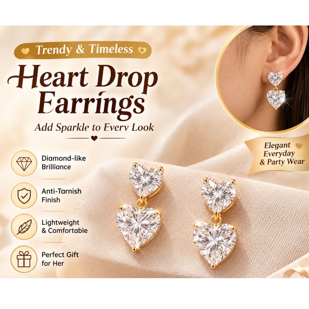 Elegant Heart Drop Earrings for Women & Girls | Luxury Solitaire Crystal Heart Dangle Earrings | Gold Finish Party Wear Jewellery Pair of 1 view 2