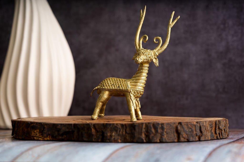 SOWPEACE Handcrafted dhokra Art Deer Standing “The Deer on feet” Brass showpiece, Premium Artisan Made Tabletop Home Decor for Living R view 2
