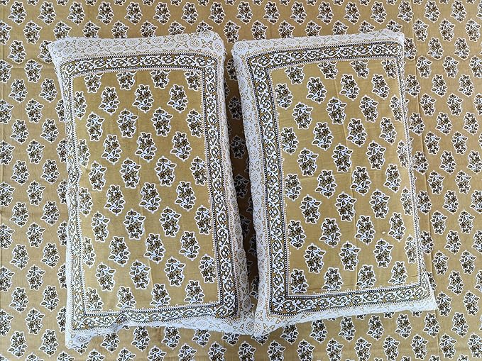 Bedsheet Set Floral Printed Cotton with Pillow Covers, Intricate Ethnic Rajasthani Design, 100% Cotton, 210 x 226 cm, Mustard & Darkbrown Color,Best for Single Bed & Big Deewan Sets view 2