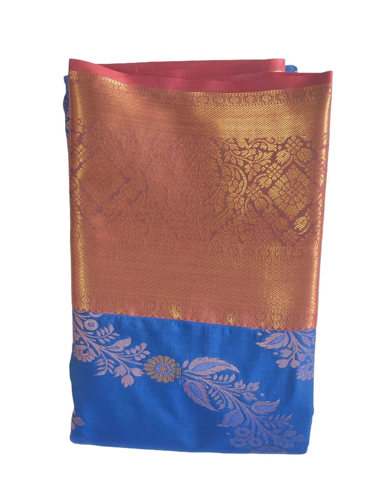 Blue Saree With Golden And Pink Floral Brocade Work view 2