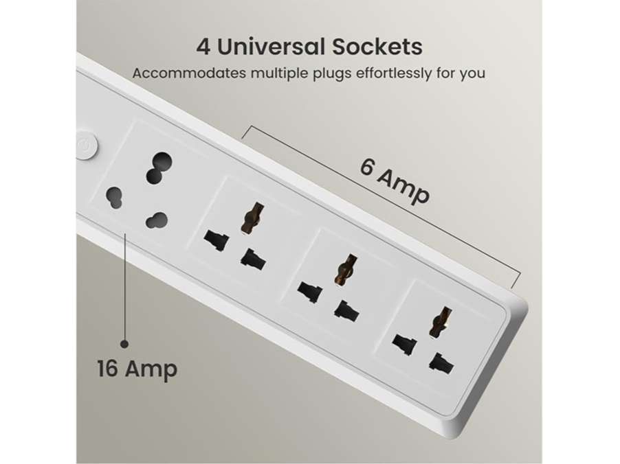Portronics Power Plate 17 Extension Board with 4 Universal Sockets, 3840 Watts, 3m Cord, Resettable Fuse, Safety Shutter, 1-Socket 16A + 3-Socket 6A, Multi Plug for Home Appliances view 2