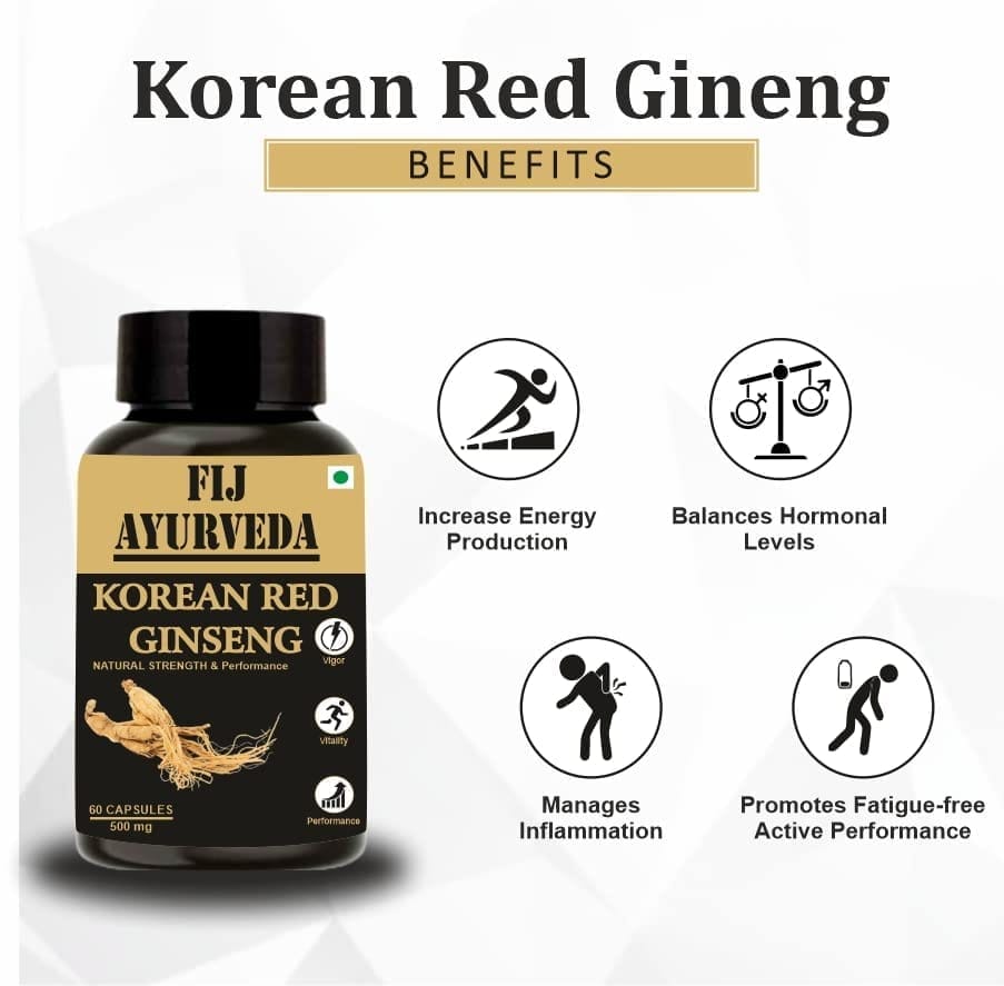 FIJ AYURVEDA Korean Red Ginseng Root Extract Dietary Supplement | Strength, Stamina & Energy � 500mg 60 Capsules (Pack of 1) view 2