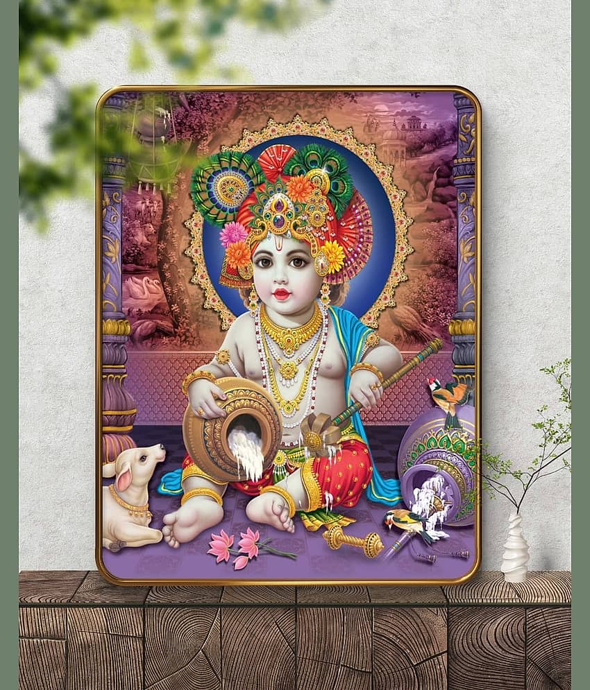 SAF Bal Krishna Wall Painting with Butter Pot | Golden Frame Sparkle Laminated MDF Art | Baby Kanha Ji Poster for Home Temple Pooja Room | Janmashtami Spiritual Decorative Gift view 2