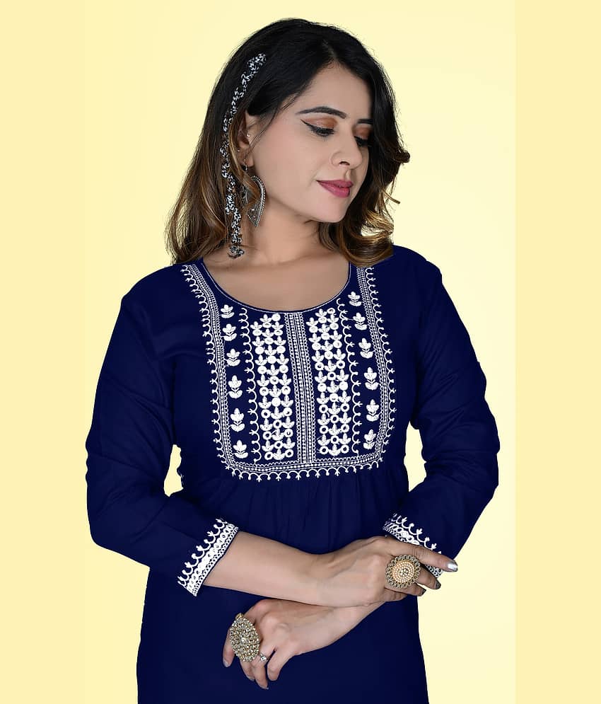 haya fashion - Navy Rayon Women's Straight Kurti ( Pack of 1 ) view 2