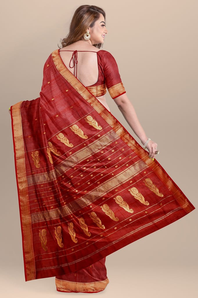 Carmine Red Handwoven Sausar Silk With Traditional Buti And Zari Border and Floral Buta Pallu Saree SKU- BS10033 view 2