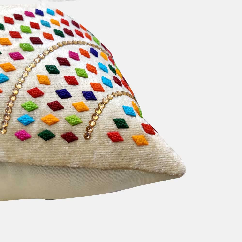 Suede Cream Off White Multicolor Brown Tan Set of 5 Ethnic Beaded Embroidered Square Combo Cushion Covers for Sofa Home Bedroom (16x16 inch or 40 x 40 cm) view 2