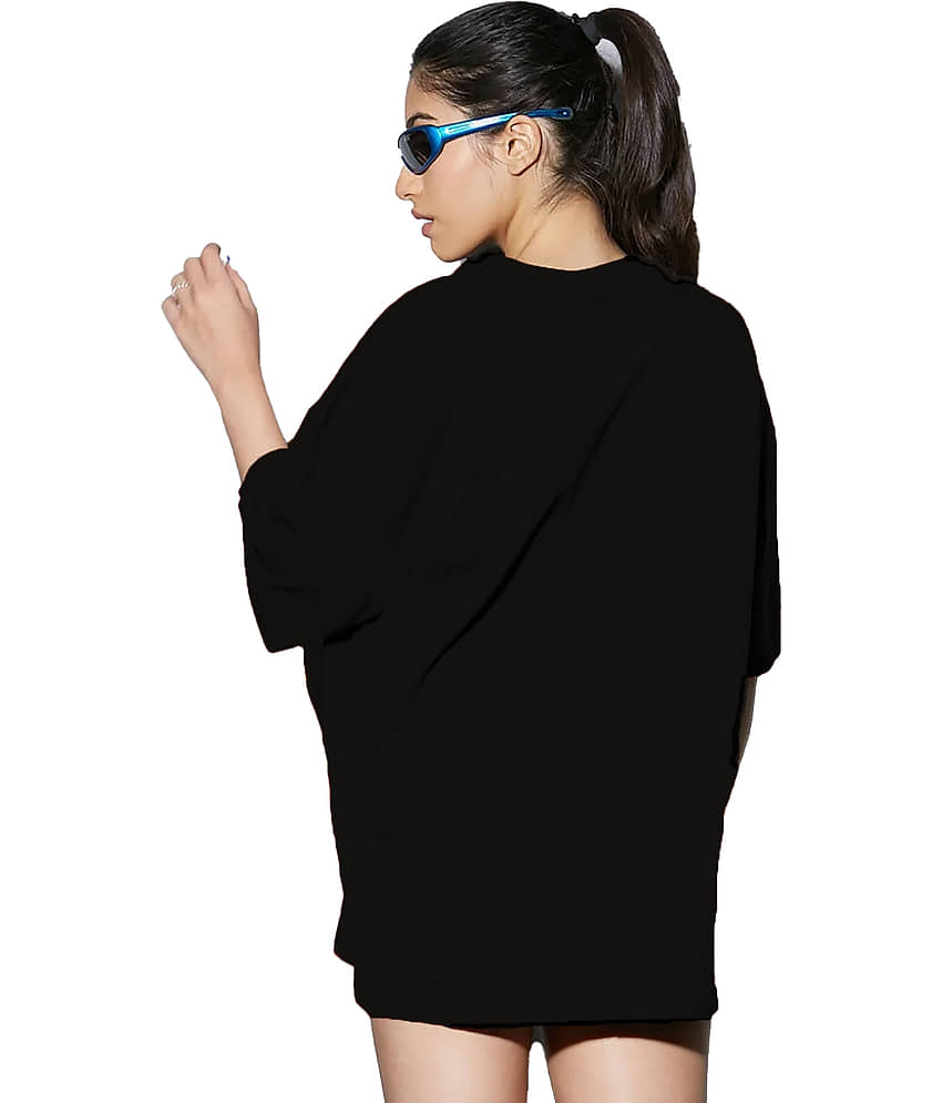 Leotude Women Cotton Blend Printed Oversized Fit Round Neck T-Shirt ( Black ) view 2