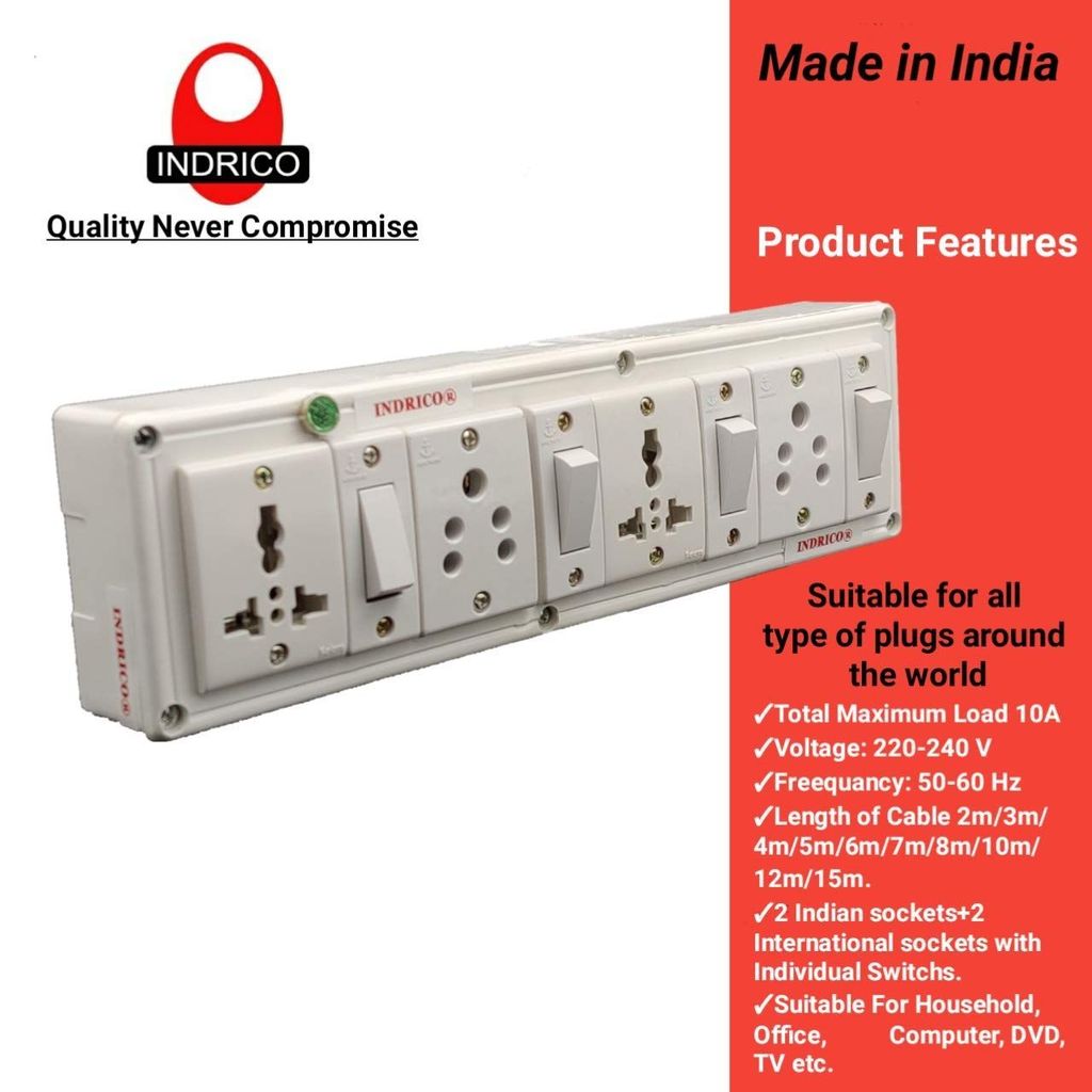 INDRICO? 4080 E-Book 4 + 4 Power Strip Extension Boards with Individual Switch Polycarbonate, Indicator, & 2 International sockets, White (Pack of 1) view 2