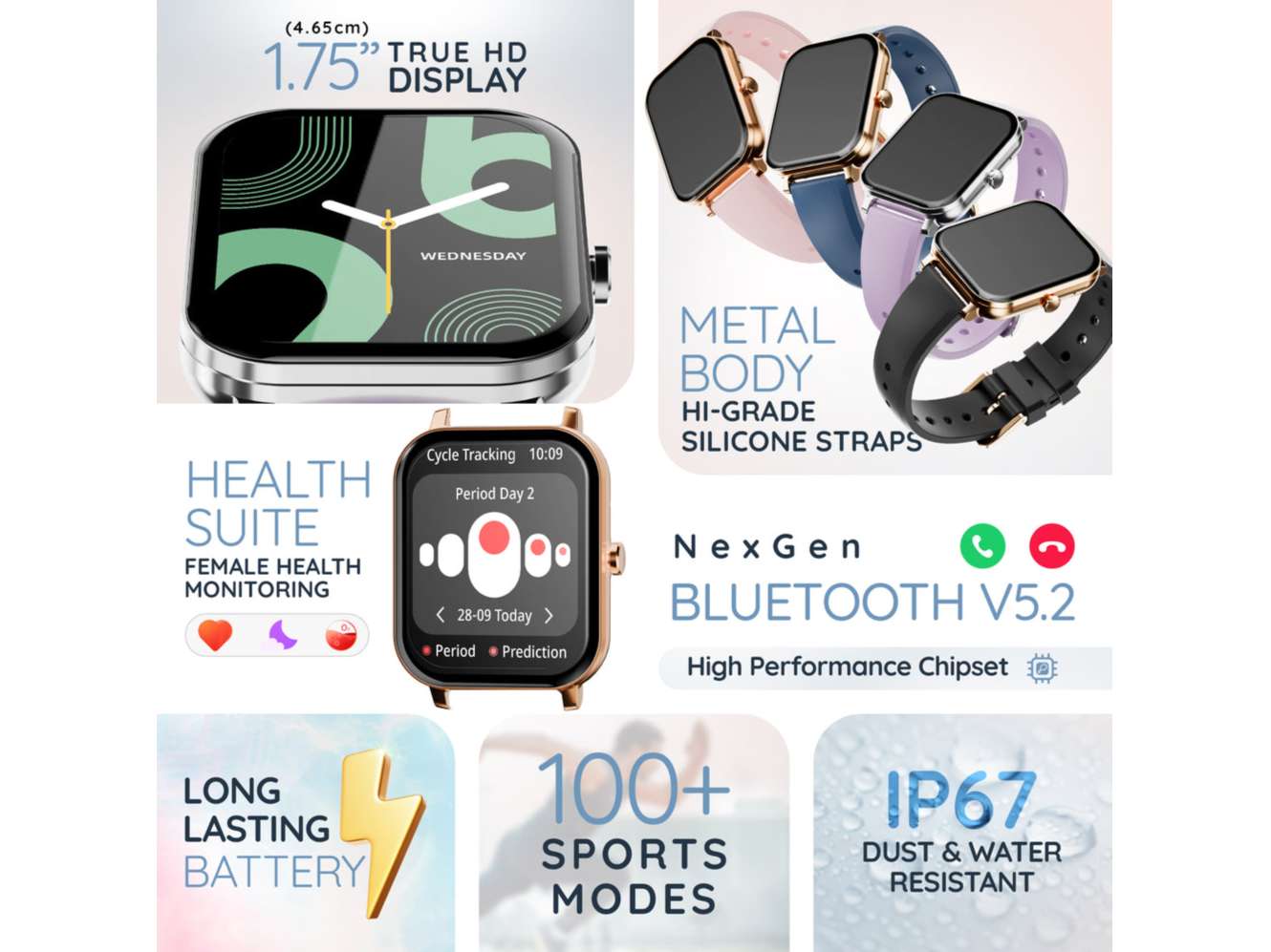 Pebble Viva 1.75 True HD Display, Bluetooth Calling, Female Health Monitoring, Voice Assistant, DIY Watch Faces, Full Touch, Step Tracker Smart Watch - Blue view 2