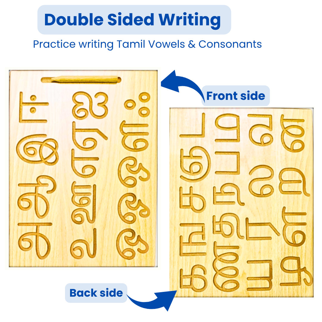 TOYJOS Wooden Tracing Board Combo Set for Kids | English, Math, Tamil Alphabet Letters Engraved Double-Sided Learning Tool | Montessori Learning Writing Slate with Stylus Pen for Ages 2–5 Years view 2