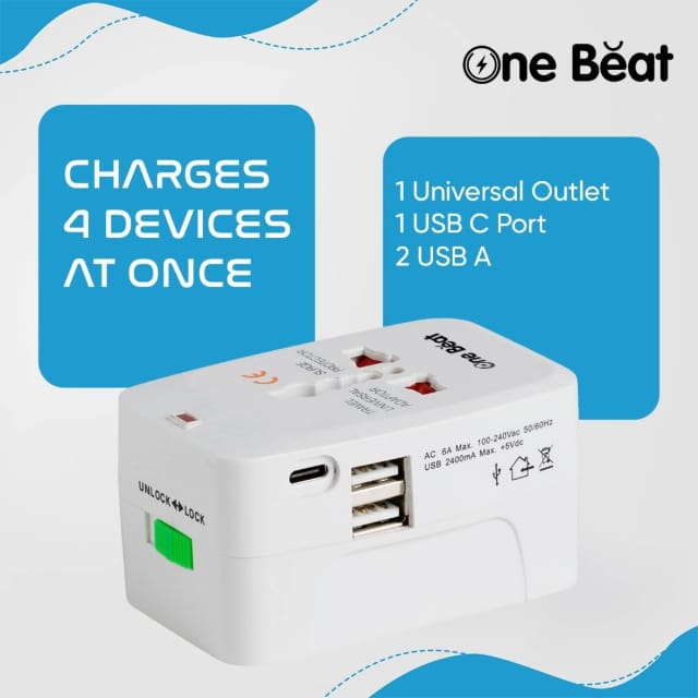 One Beat Worldwide All in One Universal Travel Adapter 1 Type C, 2 USB A Ports International Plug Adapter for Cell Phones, Tablets, Camera: White view 2