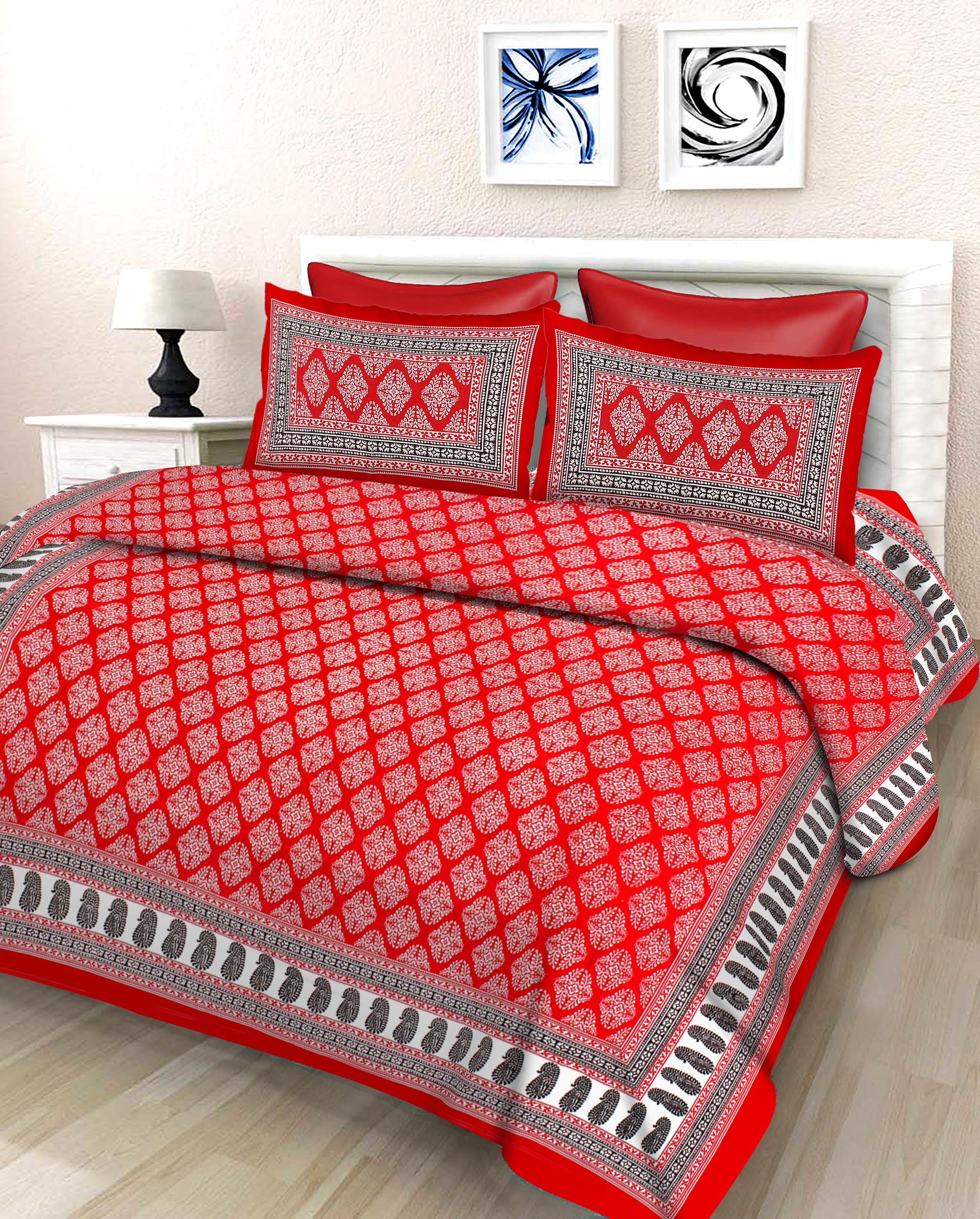 Lali Prints Jaipuri Red White Printed Cotton 130 TC Queen Bedsheet with 2 Pillow Covers
