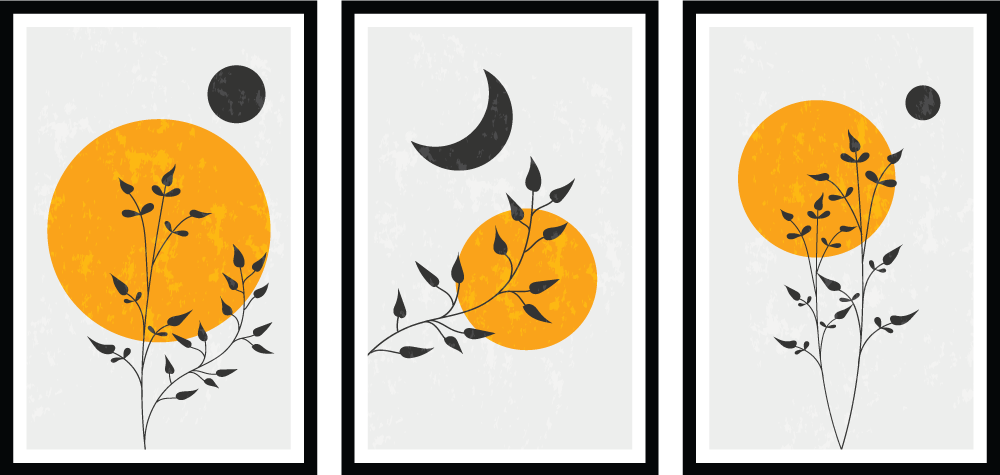 SET OF 3 ABSTRACT SUN AND MOON PRINTS 48in X 24in WITH BLACK FRAME view 2
