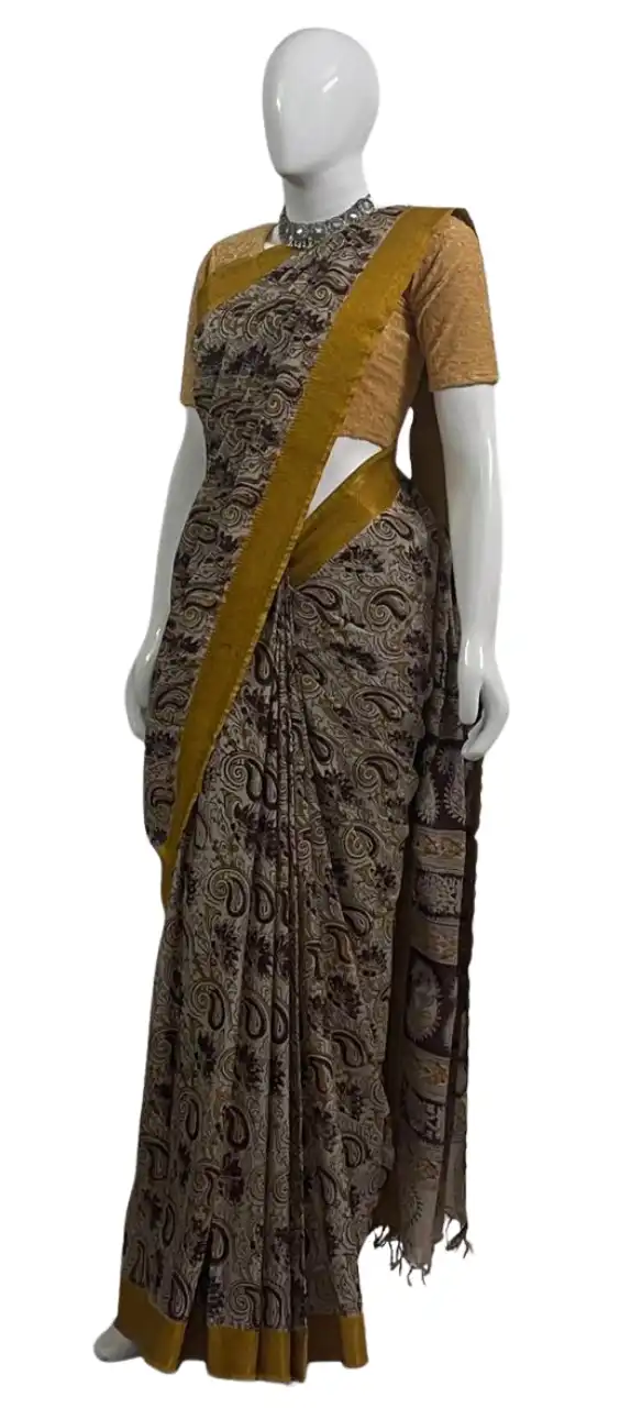Kalamkari Mangalgiri Silk Cotton Saree Beige Paisley view 2