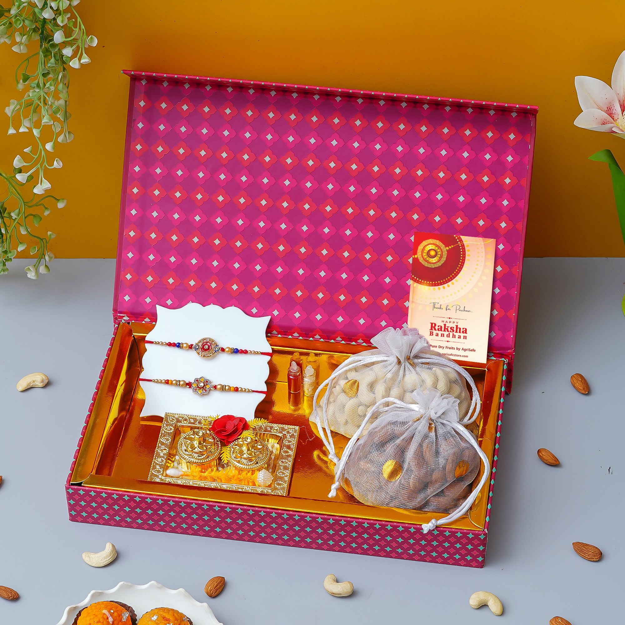 Signature Rakhi Gift Hamper Family Combo (Almond+Cashew+Roli Moli set+4 Rakhis+Greeting Card) view 2