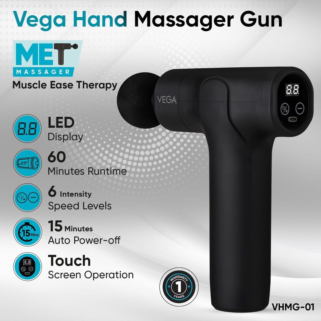 Vega Hand Massage Gun with MET (Muscle Ease Therapy) for Body Pain Relief with Touch Display, 6 Attachment & 6 Speed Setting, Percussion Gun Back Massager for Men & Women, Body Massager, (VHMG-01) view 2