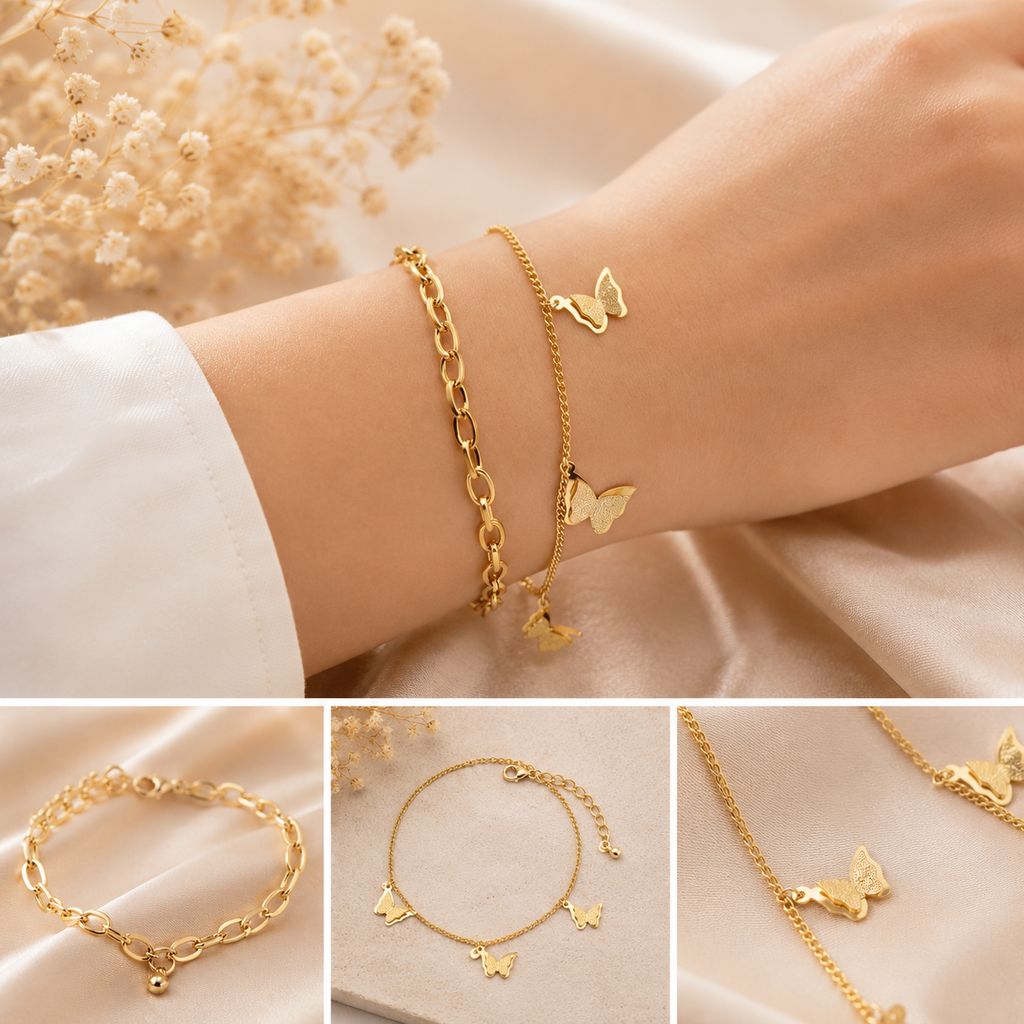 Elegantra 18K Gold Plated Double Layered Butterfly Charm Bracelet for Women & Girls | Anti-Tarnish Trendy Korean Minimalist Aesthetic Daily Wear Wrist Jewelry view 2