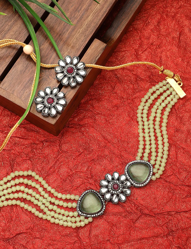 Cardinal Kundan Pista Color Onyx Multistring Choker Necklace Set view 2