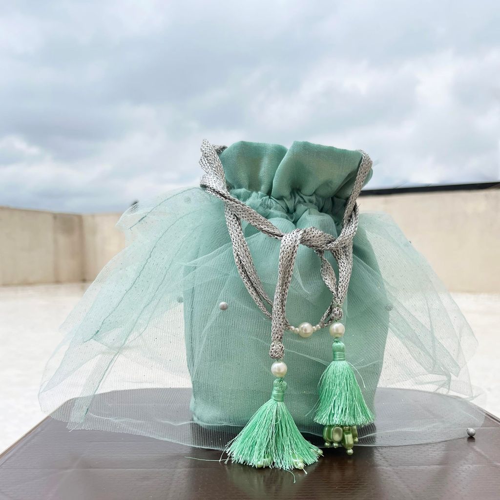 ABC Exquisite Handmade Indian Batua Potli Bag with Rose Gold Thread Handle, 3-Layered Net and Pearls - Ideal Gift for Her, Wedding Clutch- Perfect Purse for Parties & Weddings (Sky Blue) view 2