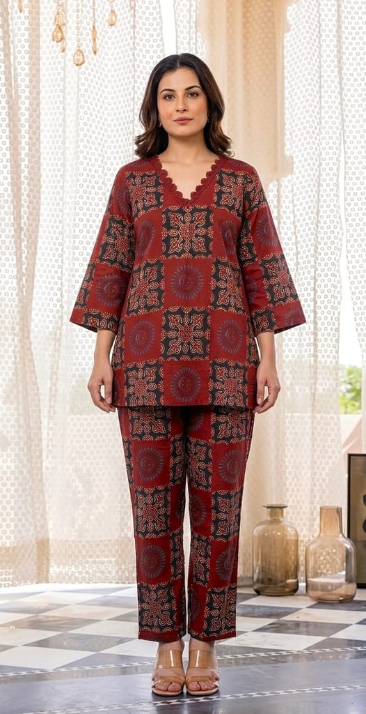 Women's Maroon Kalamkari Print Cotton Co-ord Set with Lace V-Neck view 2