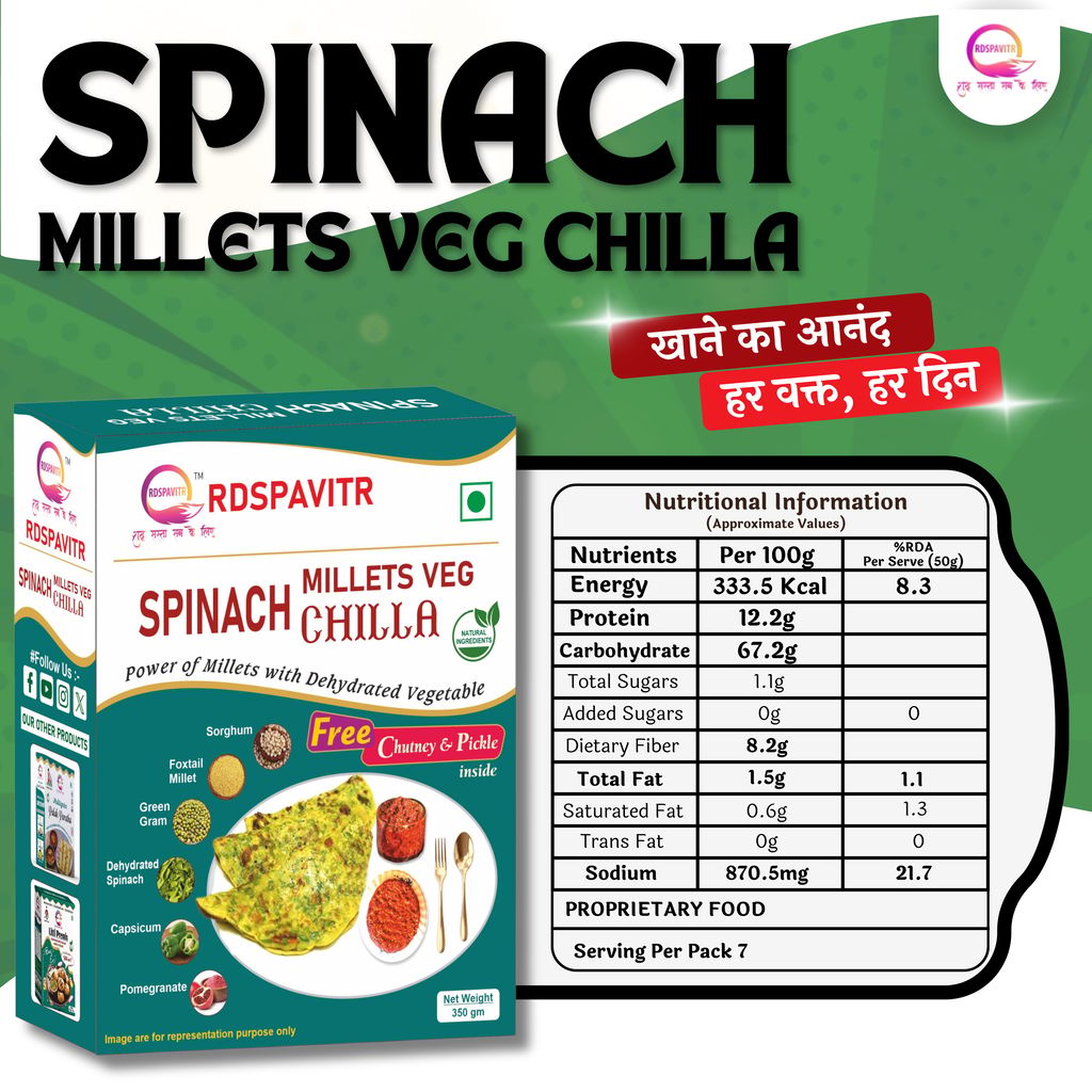 Spinach Millets Veg Chilla | Chilla Premix 250 Gm, Peanut Chutney 50g and Mix Pickle 50g | Ready To Cook | No Preservative | Made With Natural Ingredients view 2